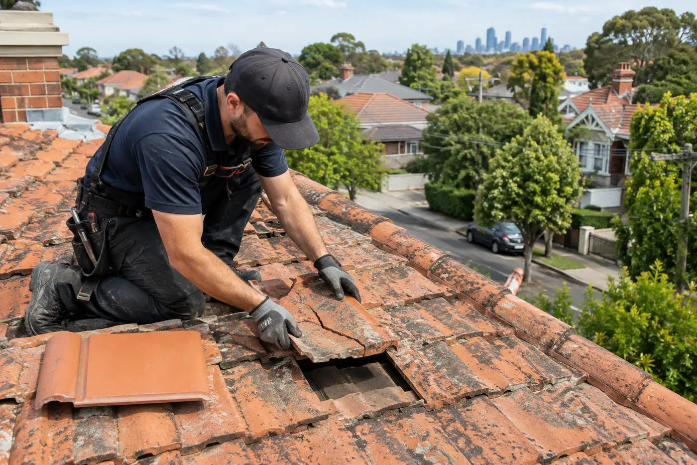 Roofer lifting a cracked terracotta tile out of a weathered tile roof in Melbourne's northern suburbs