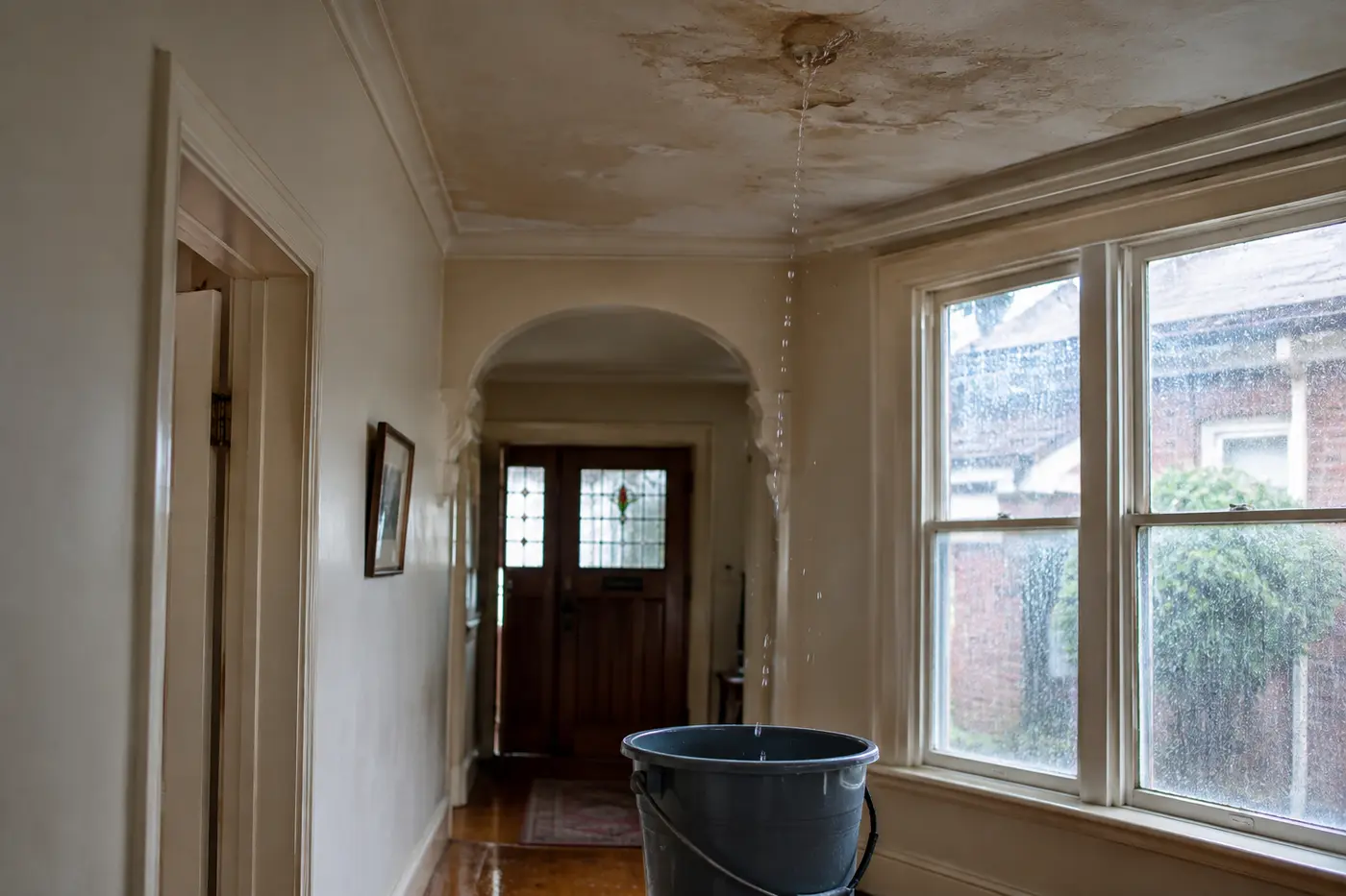 Rainwater dripping from a stained plaster ceiling into a bucket in the hallway of an older northern Melbourne home