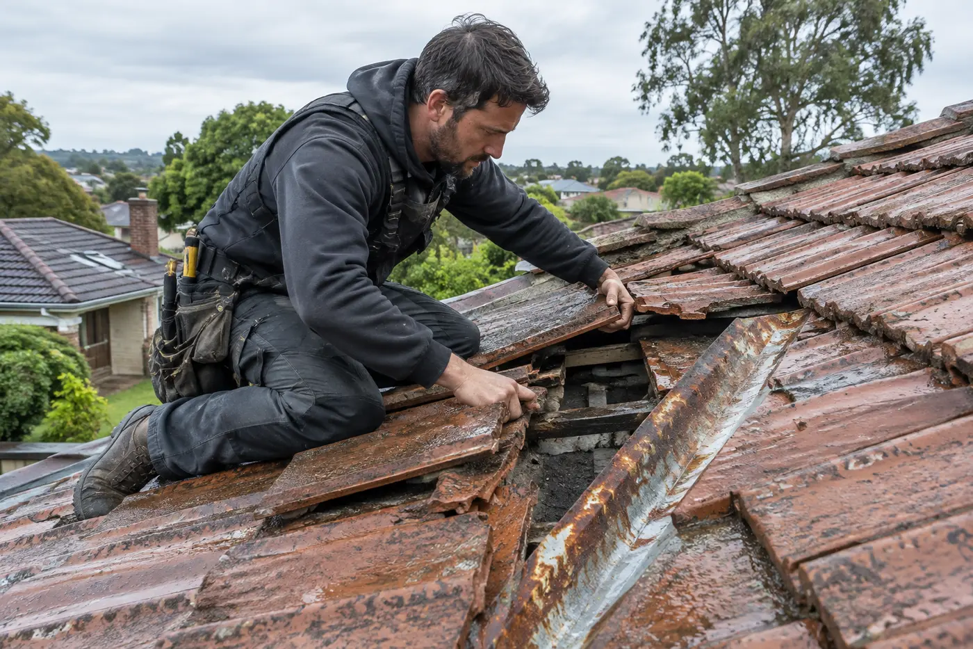 Roofer lifting terracotta tiles beside a rusted valley to find a leak on a northern Melbourne home