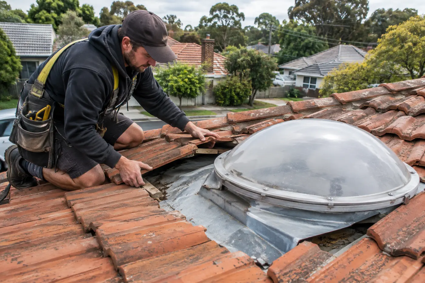 Roofer lifting terracotta tiles beside an ageing dome skylight to check the flashing on a northern Melbourne home