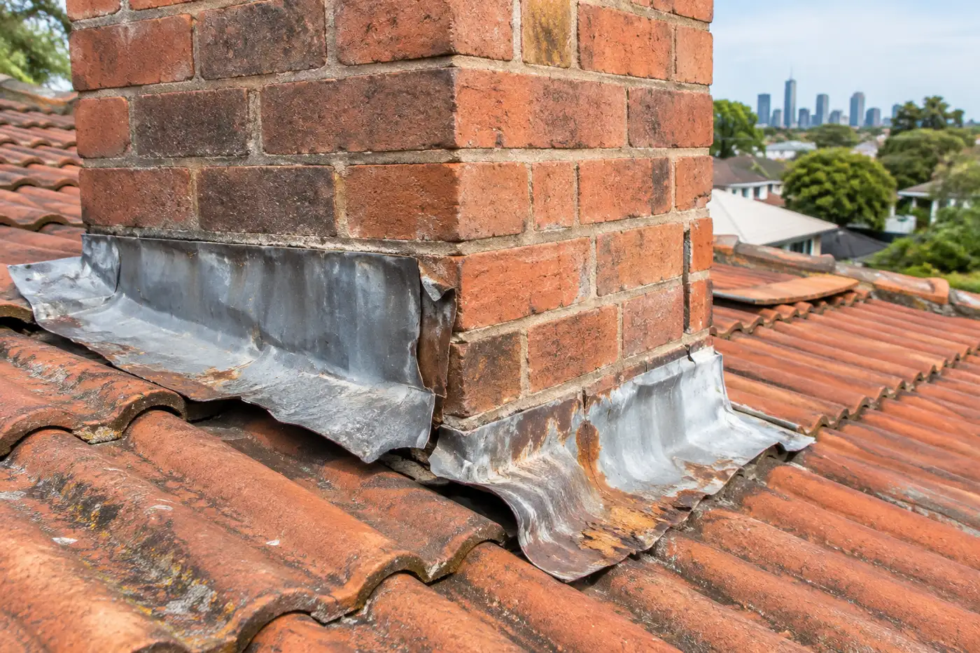 Lifting rusted flashing around a brick chimney on a Melbourne terracotta tile roof