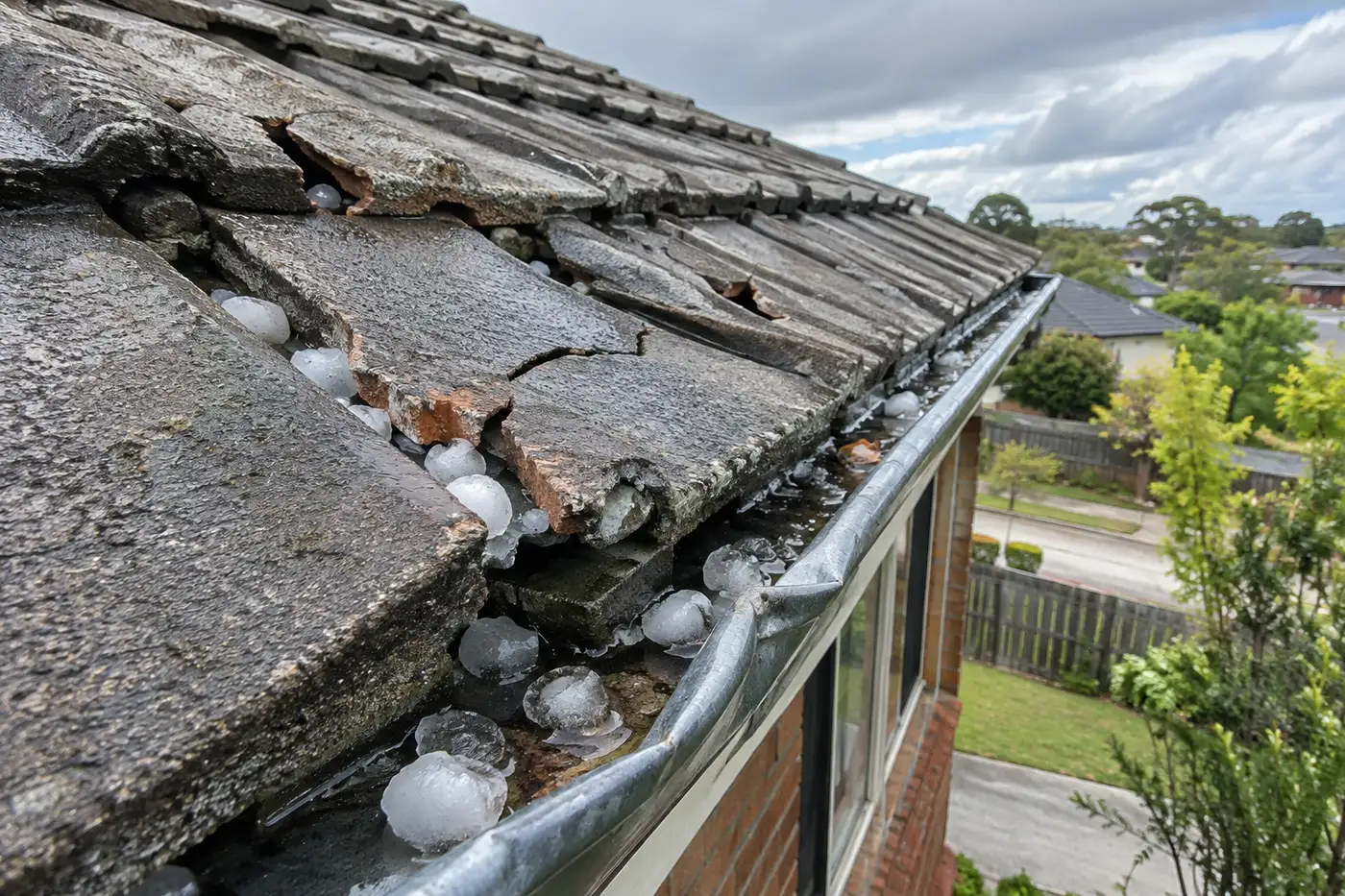 Cracked concrete roof tiles and melting hailstones in a dented gutter on a northern Melbourne home after a spring storm