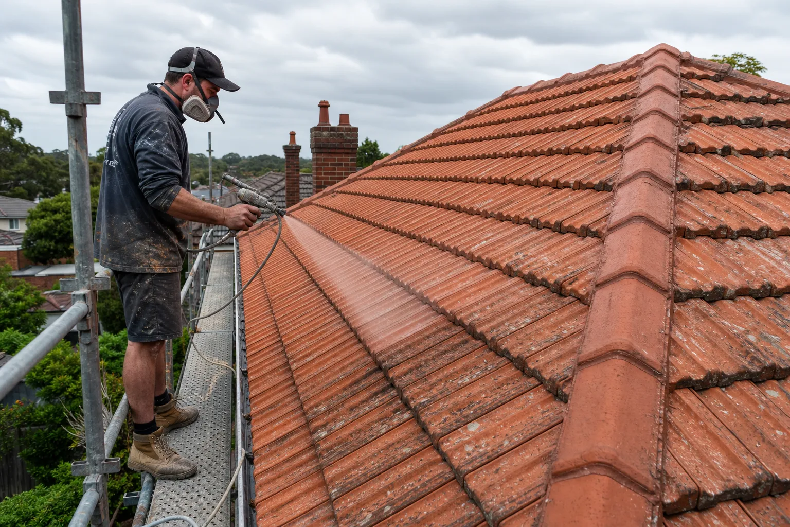 Roofer spray-coating an aged terracotta tile roof on a northern-suburbs Melbourne home, seen from roof level