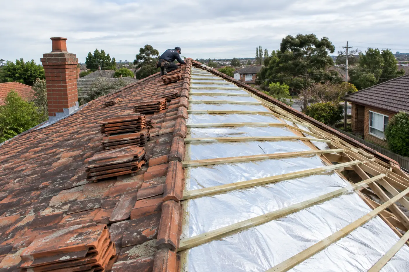 Silver reflective roof sarking and new timber battens laid over rafters during a re-roof on a brick bungalow in Melbourne's north
