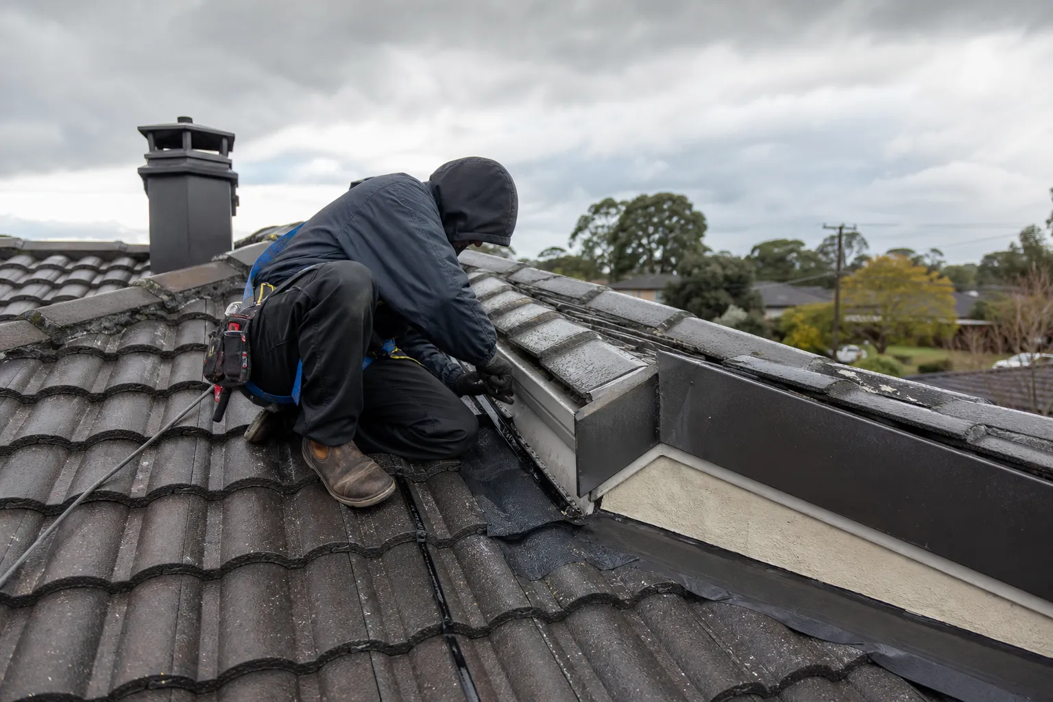 Rain running off an ageing terracotta tile roof on a Melbourne northern-suburbs home during a grey winter downpour