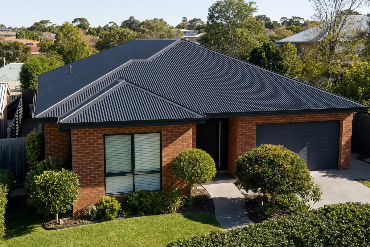 Pristine new Colorbond metal roof on a brick home in Melbourne's northern suburbs — charcoal corrugated steel sheets, crisp ridge capping and new gutters